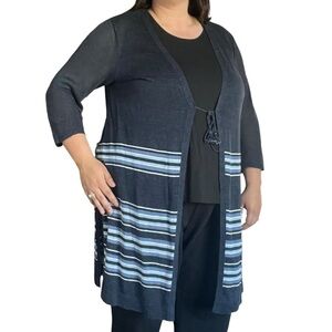 J. Jill Linen Blend Tassel Tie Front Cardigan Sweater Duster Blue Stripe size L